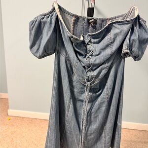 Express Blue off shoulder denim Smocked Dress